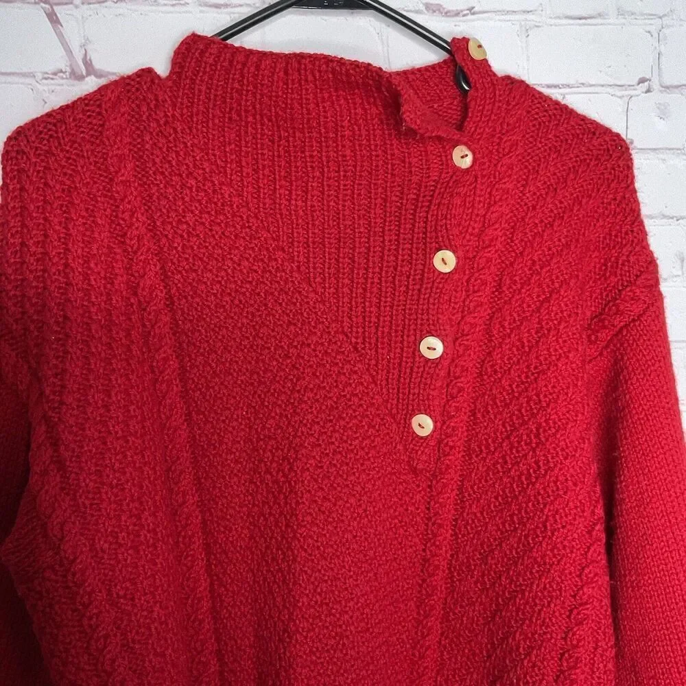 Vtg South Wool Sweater Large Women’s Red Button Accent HandKnit‎ Cable Pullover